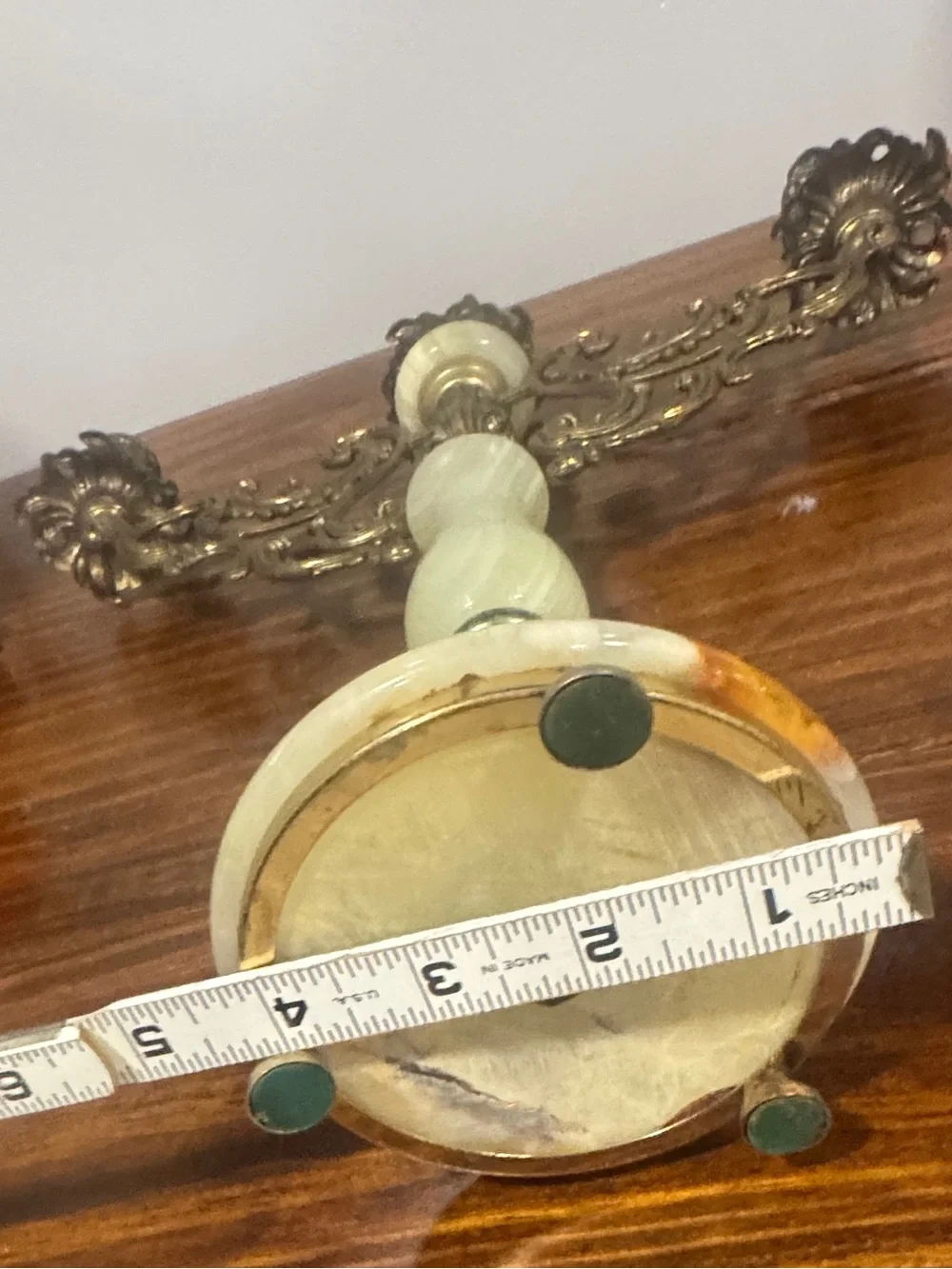 Antique Brass and Cream Marble 3-Arm Candelabra